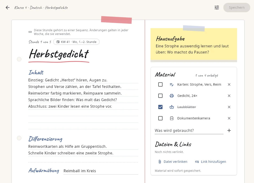 Die Stunde „Herbstgedicht“ als Heftseite: Inhalt und Differenzierung auf Linien, rechts im Heftrand die Hausaufgabe als Notizzettel und das Material zum Abhaken.